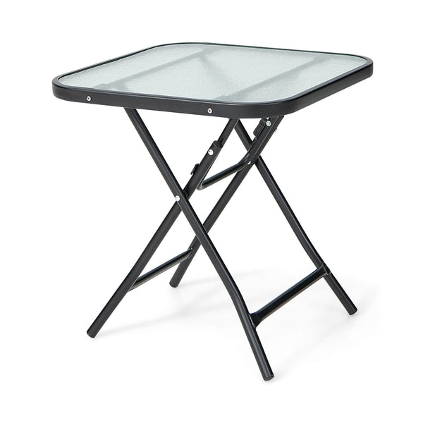 Sturdy steel frame with a rustproof finish is ideal for outdoor use<br>The high quality tempered glass tabletop ensures durability<br>Compact tabletop keeps your daily items within reach<br>The patio side table can be folded in the corner when not use<br>