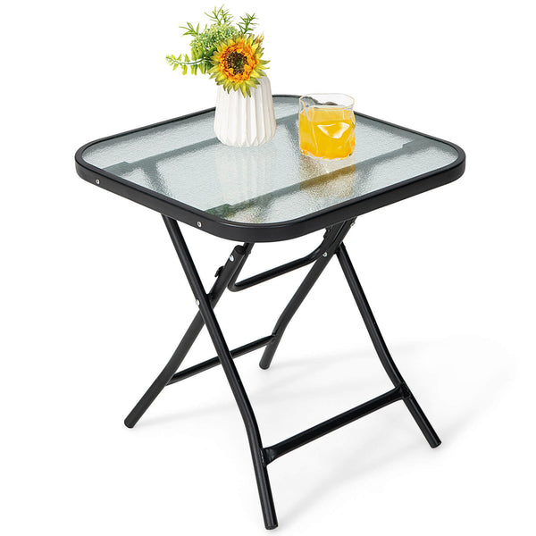 Sturdy steel frame with a rustproof finish is ideal for outdoor use<br>The high quality tempered glass tabletop ensures durability<br>Compact tabletop keeps your daily items within reach<br>The patio side table can be folded in the corner when not use<br>
