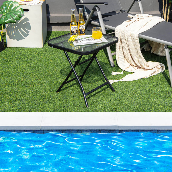 Sturdy steel frame with a rustproof finish is ideal for outdoor use<br>The high quality tempered glass tabletop ensures durability<br>Compact tabletop keeps your daily items within reach<br>The patio side table can be folded in the corner when not use<br>