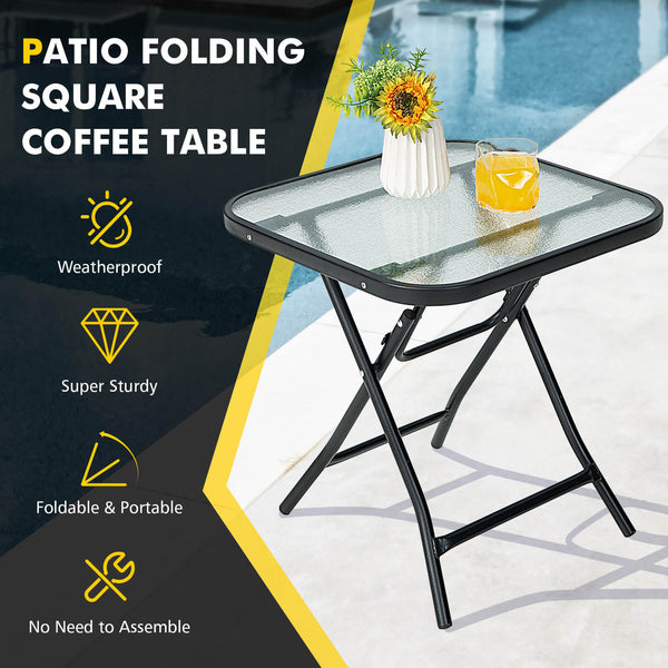 Sturdy steel frame with a rustproof finish is ideal for outdoor use<br>The high quality tempered glass tabletop ensures durability<br>Compact tabletop keeps your daily items within reach<br>The patio side table can be folded in the corner when not use<br>