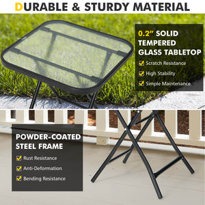 Sturdy steel frame with a rustproof finish is ideal for outdoor use<br>The high quality tempered glass tabletop ensures durability<br>Compact tabletop keeps your daily items within reach<br>The patio side table can be folded in the corner when not use<br>