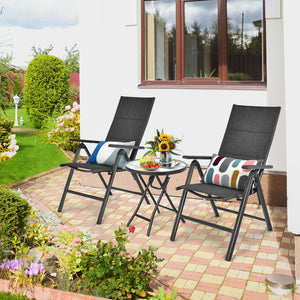 Bring this lightweight folding table anywhere you want! Â  This patio table is made of a rustproof steel frame and tempered glass tabletop  which features high density and can be used outdoors for a long time. 4 legs are equipped with non-slip foot pads t