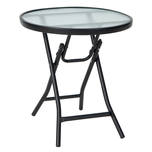 Bring this lightweight folding table anywhere you want! Â  This patio table is made of a rustproof steel frame and tempered glass tabletop  which features high density and can be used outdoors for a long time. 4 legs are equipped with non-slip foot pads t