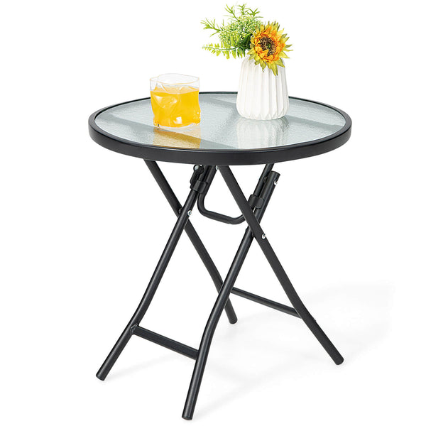 Bring this lightweight folding table anywhere you want! Â  This patio table is made of a rustproof steel frame and tempered glass tabletop  which features high density and can be used outdoors for a long time. 4 legs are equipped with non-slip foot pads t