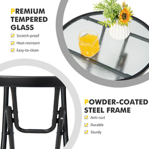 Bring this lightweight folding table anywhere you want! Â  This patio table is made of a rustproof steel frame and tempered glass tabletop  which features high density and can be used outdoors for a long time. 4 legs are equipped with non-slip foot pads t