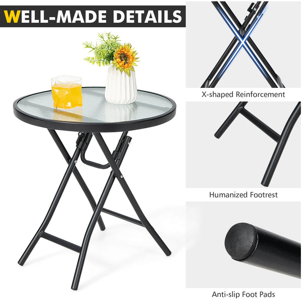 Bring this lightweight folding table anywhere you want! Â  This patio table is made of a rustproof steel frame and tempered glass tabletop  which features high density and can be used outdoors for a long time. 4 legs are equipped with non-slip foot pads t