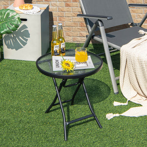 Bring this lightweight folding table anywhere you want! Â  This patio table is made of a rustproof steel frame and tempered glass tabletop  which features high density and can be used outdoors for a long time. 4 legs are equipped with non-slip foot pads t