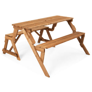 A piece of outdoor furniture that combines a picnic table and garden bench as one for great convenience! Â  When it serves as an outdoor picnic table  it can accommodate 4 people  which is great for outdoor gatherings. Meanwhile  the built-in umbrella hol