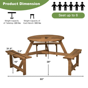 Have a wonderful gathering time with this round wooden picnic table! Â  Holding up to 6 people  this round wooden picnic table is suitable for family or friends gathering to spend an enjoyable leisure time. In order to build a durable outdoor round picnic