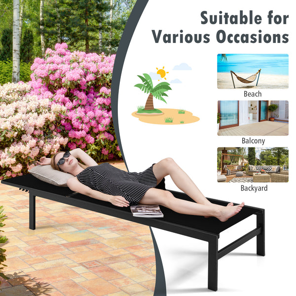 Lightweight and rustproof aluminium frame can stand the test of time<br>Premium fabric is quick-drying  breathable and durable<br>6-position adjustable recliner allows you to set a desired angle<br>This chaise lounge chair can be used completely flat<br>A