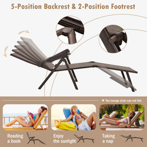 5 backrest angles and 2 footrest positions to meet various needs <br>Breathable and wearable seat fabric brings much comfort <br>Ergonomic design brings relaxation to your journey <br>Steel frame is not easy to rust and of high durability <br>Stable trian
