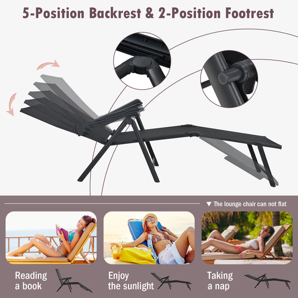 5 backrest angles and 2 footrest positions to meet various needs <br>Breathable and wearable seat fabric brings much comfort <br>Ergonomic design brings relaxation to your journey <br>Steel frame is not easy to rust and of high durability <br>Stable trian