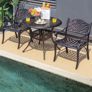 Rustproof cast aluminum for weather resistance and lightweight<br>Comfort is ensured with ergonomic armrests and curved seats<br>Bring breathable sitting feeling with hollow-out design<br>Flexible to use on the different grounds with adjustable anti-slip 