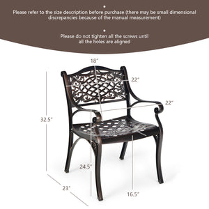 Rustproof cast aluminum for weather resistance and lightweight<br>Comfort is ensured with ergonomic armrests and curved seats<br>Bring breathable sitting feeling with hollow-out design<br>Flexible to use on the different grounds with adjustable anti-slip 