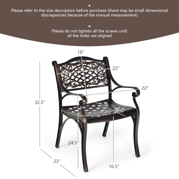 Rustproof cast aluminum for weather resistance and lightweight<br>Comfort is ensured with ergonomic armrests and curved seats<br>Bring breathable sitting feeling with hollow-out design<br>Flexible to use on the different grounds with adjustable anti-slip 