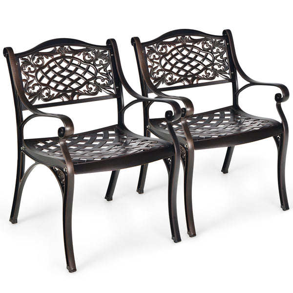 Rustproof cast aluminum for weather resistance and lightweight<br>Comfort is ensured with ergonomic armrests and curved seats<br>Bring breathable sitting feeling with hollow-out design<br>Flexible to use on the different grounds with adjustable anti-slip 