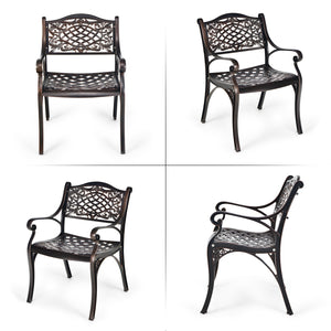 Rustproof cast aluminum for weather resistance and lightweight<br>Comfort is ensured with ergonomic armrests and curved seats<br>Bring breathable sitting feeling with hollow-out design<br>Flexible to use on the different grounds with adjustable anti-slip 