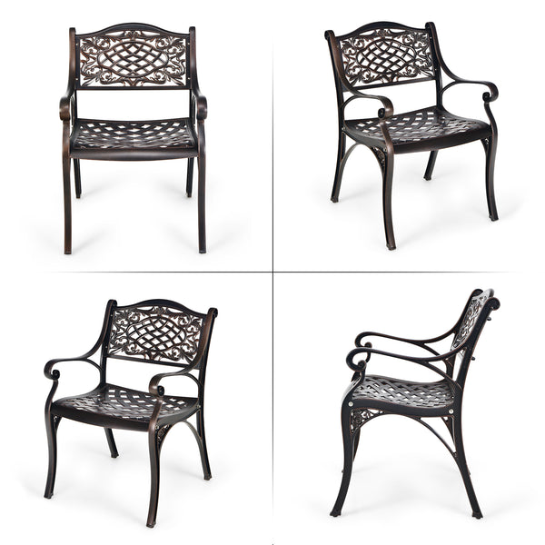 Rustproof cast aluminum for weather resistance and lightweight<br>Comfort is ensured with ergonomic armrests and curved seats<br>Bring breathable sitting feeling with hollow-out design<br>Flexible to use on the different grounds with adjustable anti-slip 
