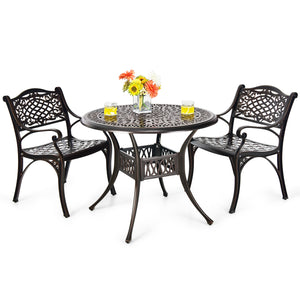 Rustproof cast aluminum for weather resistance and lightweight<br>Comfort is ensured with ergonomic armrests and curved seats<br>Bring breathable sitting feeling with hollow-out design<br>Flexible to use on the different grounds with adjustable anti-slip 