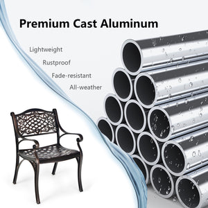Rustproof cast aluminum for weather resistance and lightweight<br>Comfort is ensured with ergonomic armrests and curved seats<br>Bring breathable sitting feeling with hollow-out design<br>Flexible to use on the different grounds with adjustable anti-slip 