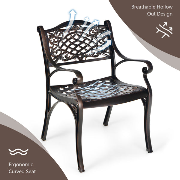 Rustproof cast aluminum for weather resistance and lightweight<br>Comfort is ensured with ergonomic armrests and curved seats<br>Bring breathable sitting feeling with hollow-out design<br>Flexible to use on the different grounds with adjustable anti-slip 