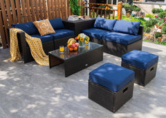 8-piece seat for more creative combinations Fetch different belongings with ease because of the practical coffee table Sturdier and safer to use with high quality tempered glass tabletop Soft and thick cushions for ultimate coziness Hold the ottomans' cus