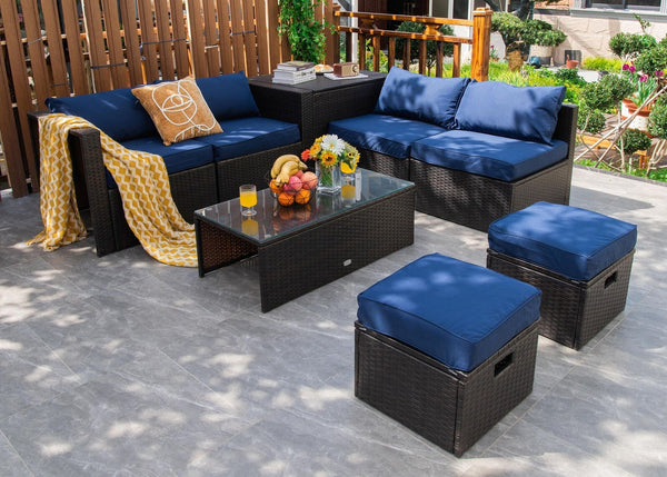 8-piece seat for more creative combinations Fetch different belongings with ease because of the practical coffee table Sturdier and safer to use with high quality tempered glass tabletop Soft and thick cushions for ultimate coziness Hold the ottomans' cus