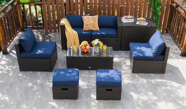 8-piece seat for more creative combinations Fetch different belongings with ease because of the practical coffee table Sturdier and safer to use with high quality tempered glass tabletop Soft and thick cushions for ultimate coziness Hold the ottomans' cus