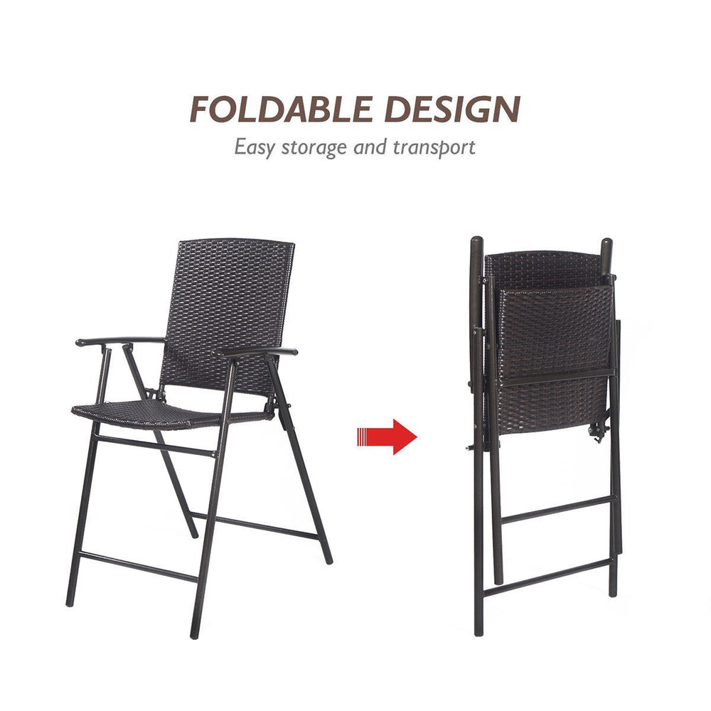 This 4-piece set of folding rattan chairs is ideal for your family/friends gathering  party  outdoor camping and other gathering activities. Â  With steel frames  these rattan chairs are high quality and can serve you a long time. Footrest and armrest mak