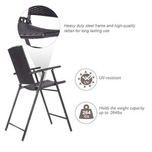 This 4-piece set of folding rattan chairs is ideal for your family/friends gathering  party  outdoor camping and other gathering activities. Â  With steel frames  these rattan chairs are high quality and can serve you a long time. Footrest and armrest mak