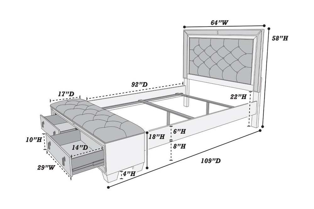 QUEEN BED W/STORAGE BENCH/STAINLESS PANEL/SILVER