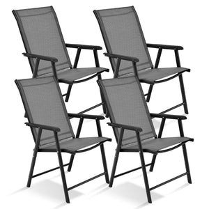High quality and brand new <br>4 pieces folding textilene chairs with armrest <br>Steel frame  sturdy and durable <br>Folding feature  easy and simple to store or transport <br>Perfect for family gathering  party and outdoor camping <br>No assembly need 