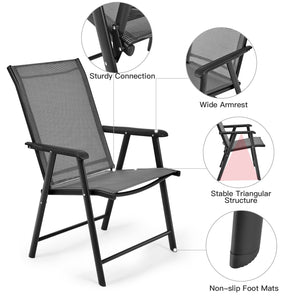High quality and brand new <br>4 pieces folding textilene chairs with armrest <br>Steel frame  sturdy and durable <br>Folding feature  easy and simple to store or transport <br>Perfect for family gathering  party and outdoor camping <br>No assembly need 