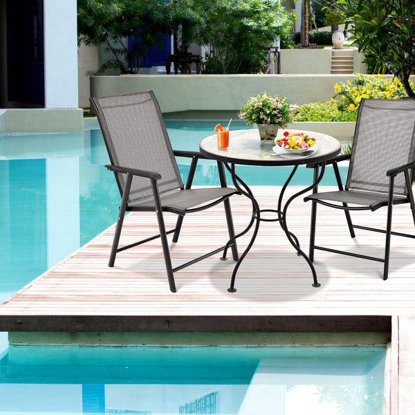 High quality and brand new <br>4 pieces folding textilene chairs with armrest <br>Steel frame  sturdy and durable <br>Folding feature  easy and simple to store or transport <br>Perfect for family gathering  party and outdoor camping <br>No assembly need 