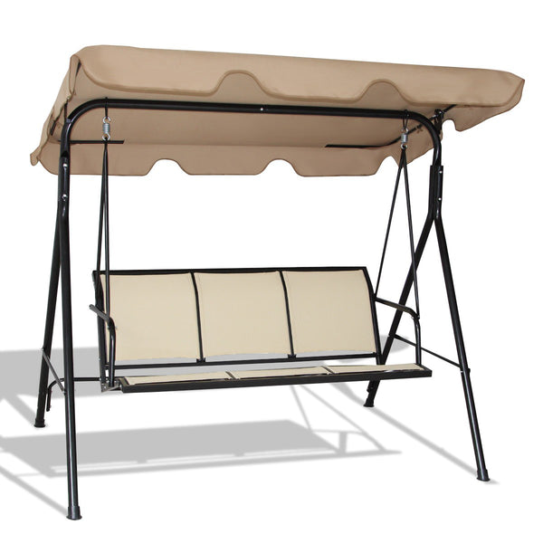 Able to comfortably sit and swing 3 people independently <br>Made of a high quality  weather-resistant steel frame with wide  sturdybase <br>Adjustable canopy design for optimal shade coverage and rain protection <br>Comfortable angle and well-ventilated 