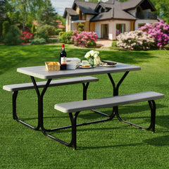 Made of non-toxic and odorless HDPE material to serve for years <br>Smooth surface with the natural wood grain to be a great addition to outdoors <br>Integrated metal frame with high strength to be sturdy without deformation <br>Thick 2 inches table holds