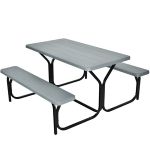 Made of non-toxic and odorless HDPE material to serve for years <br>Smooth surface with the natural wood grain to be a great addition to outdoors <br>Integrated metal frame with high strength to be sturdy without deformation <br>Thick 2 inches table holds