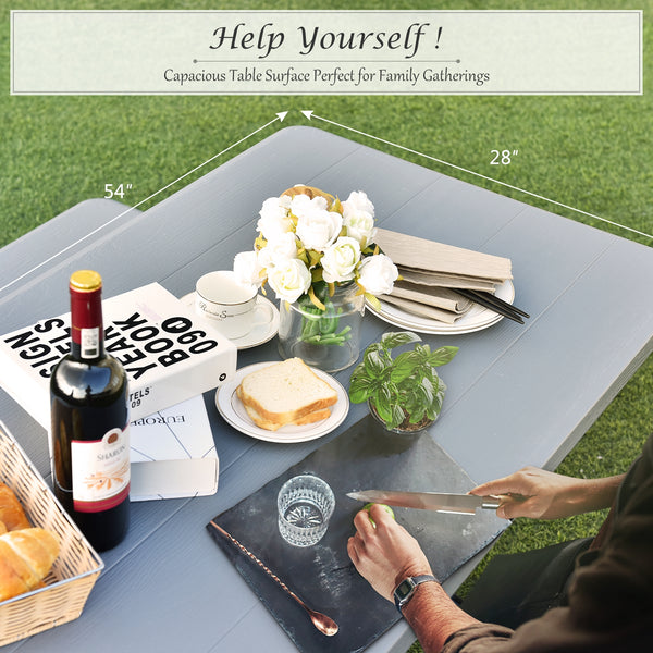 Made of non-toxic and odorless HDPE material to serve for years <br>Smooth surface with the natural wood grain to be a great addition to outdoors <br>Integrated metal frame with high strength to be sturdy without deformation <br>Thick 2 inches table holds