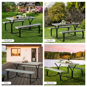 Made of non-toxic and odorless HDPE material to serve for years <br>Smooth surface with the natural wood grain to be a great addition to outdoors <br>Integrated metal frame with high strength to be sturdy without deformation <br>Thick 2 inches table holds