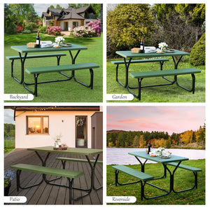 Made of non-toxic and odorless HDPE material to serve for years <br>Smooth surface with the natural wood grain to be a great addition to outdoors <br>Integrated metal frame with high strength to be sturdy without deformation <br>Thick 2 inches table holds