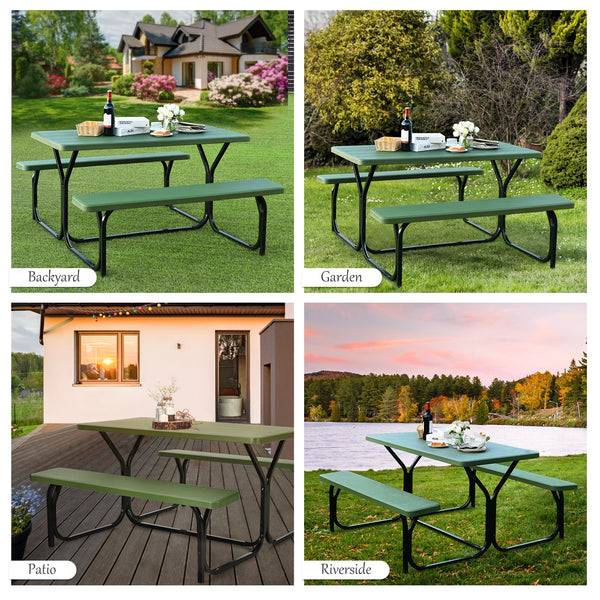 Made of non-toxic and odorless HDPE material to serve for years <br>Smooth surface with the natural wood grain to be a great addition to outdoors <br>Integrated metal frame with high strength to be sturdy without deformation <br>Thick 2 inches table holds