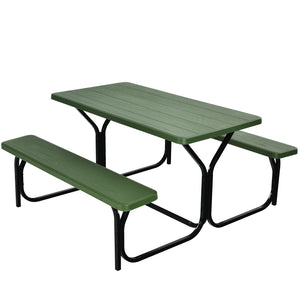 Made of non-toxic and odorless HDPE material to serve for years <br>Smooth surface with the natural wood grain to be a great addition to outdoors <br>Integrated metal frame with high strength to be sturdy without deformation <br>Thick 2 inches table holds