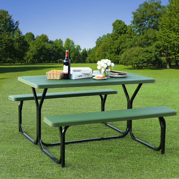 Made of non-toxic and odorless HDPE material to serve for years <br>Smooth surface with the natural wood grain to be a great addition to outdoors <br>Integrated metal frame with high strength to be sturdy without deformation <br>Thick 2 inches table holds
