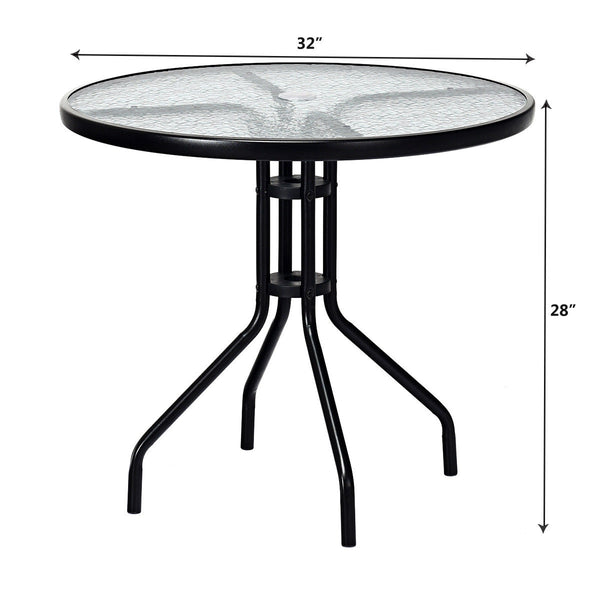 This round table will be your ideal choice if you are looking for a beautiful and practical table. Â  It is made of tempered glass and durable painted steel  which makes this table rust-proof and weather -resistant. Then it is suitable for outdoor and ind