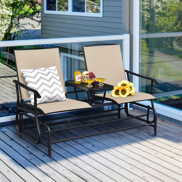 Solid heavy-duty steel frame and durable fabric<br>2 people can sit together to enjoy leisure time<br>Great weight capacity of 530 lbs<br>Quiet and smooth gliding system<br>Anti-slip pads at the bottom of feet<br>Armrests with ergonomic curves on two side