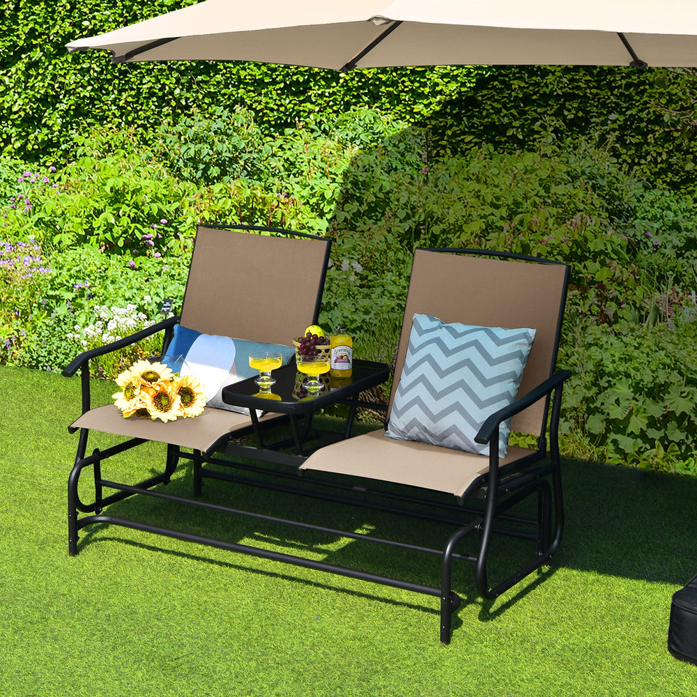 Solid heavy-duty steel frame and durable fabric<br>2 people can sit together to enjoy leisure time<br>Great weight capacity of 530 lbs<br>Quiet and smooth gliding system<br>Anti-slip pads at the bottom of feet<br>Armrests with ergonomic curves on two side