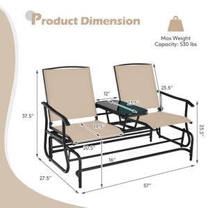Solid heavy-duty steel frame and durable fabric<br>2 people can sit together to enjoy leisure time<br>Great weight capacity of 530 lbs<br>Quiet and smooth gliding system<br>Anti-slip pads at the bottom of feet<br>Armrests with ergonomic curves on two side