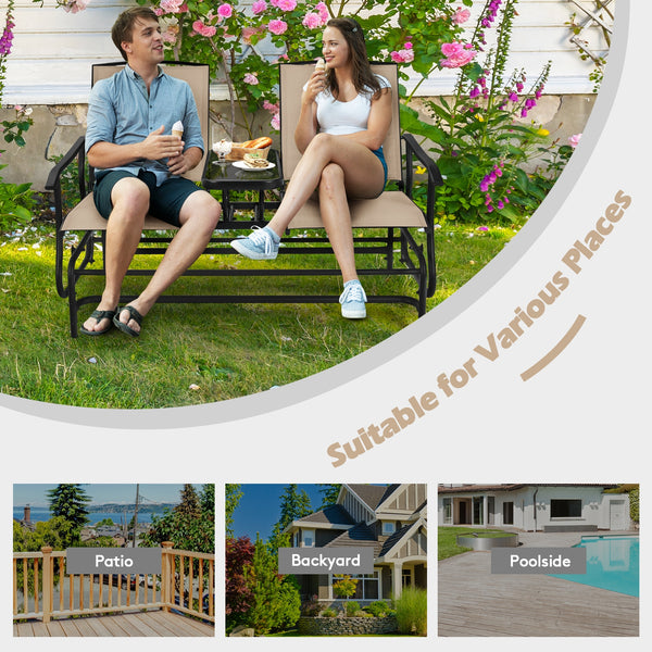 Solid heavy-duty steel frame and durable fabric<br>2 people can sit together to enjoy leisure time<br>Great weight capacity of 530 lbs<br>Quiet and smooth gliding system<br>Anti-slip pads at the bottom of feet<br>Armrests with ergonomic curves on two side