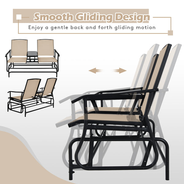 Solid heavy-duty steel frame and durable fabric<br>2 people can sit together to enjoy leisure time<br>Great weight capacity of 530 lbs<br>Quiet and smooth gliding system<br>Anti-slip pads at the bottom of feet<br>Armrests with ergonomic curves on two side