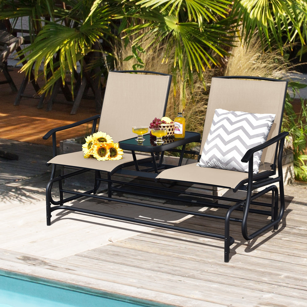 Solid heavy-duty steel frame and durable fabric<br>2 people can sit together to enjoy leisure time<br>Great weight capacity of 530 lbs<br>Quiet and smooth gliding system<br>Anti-slip pads at the bottom of feet<br>Armrests with ergonomic curves on two side